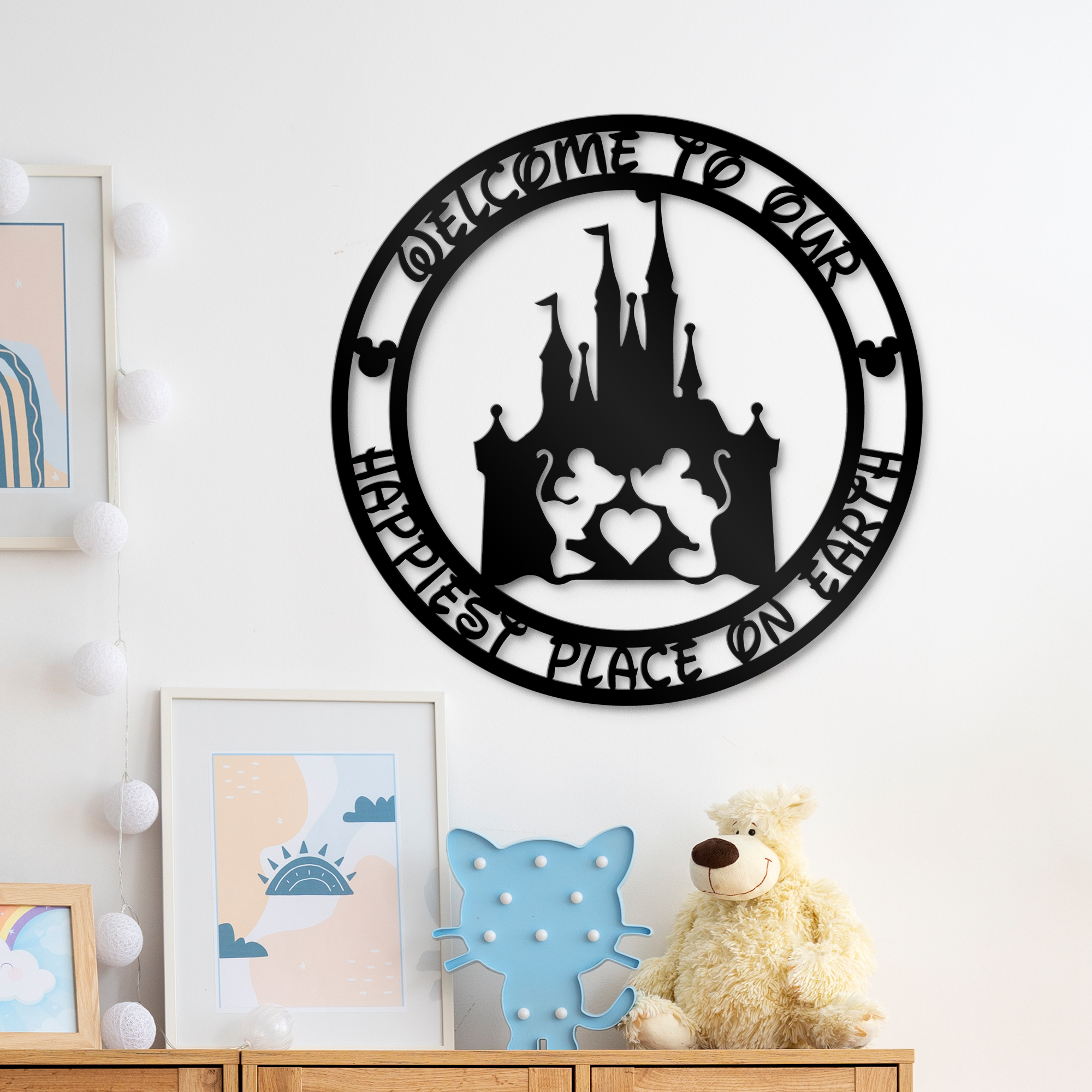 Welcome To Our Happiest Place On Earth Metal Sign, Disney Castle Metal Sign, Mickey And Minnie Metal Sign, Home and Wall Decor, Front Door Decor, Winter Decor, Housewarming Gifts, Christmas Gifts