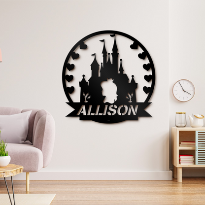 Custom Disney Princess Cinderella Castle Family Name Metal Sign, Disney Theme Wall Decor