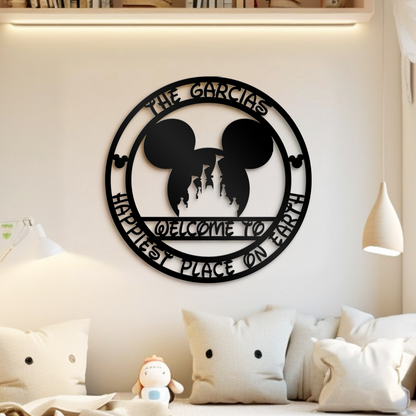 Custom Mickey Castle Family Name Metal Sign, Welcome To Happiest Place On Earth Sign