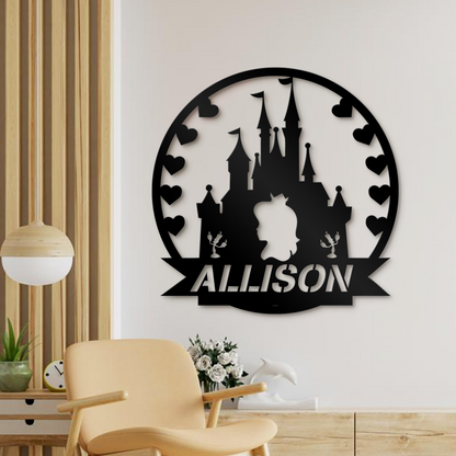 Custom Disney Princess Cinderella Castle Family Name Metal Sign, Disney Theme Wall Decor