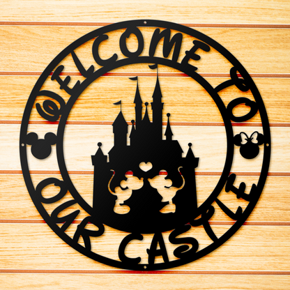 Welcome To Our Castle Disney Metal Sign, Mickey And Minnie Couple Metal Sign, Home and Wall Decor, Front Door Decor, Disney Quotes Metal Sign, Housewarming Gifts