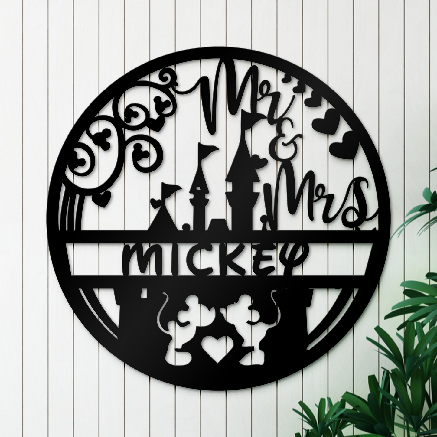 Mickey and Minnie Kissing Metal Sign - Disney Castle Theme Patio Decor Sign