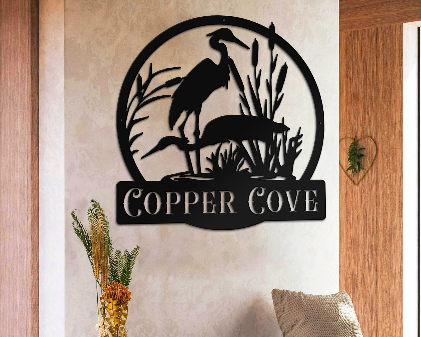 Heron Sign,Metal Herons Bird Wall Art,Personalized Heron Name Sign,Heron Wall Decor,Outdoor Cabin Lake House Decor,Pond Decor