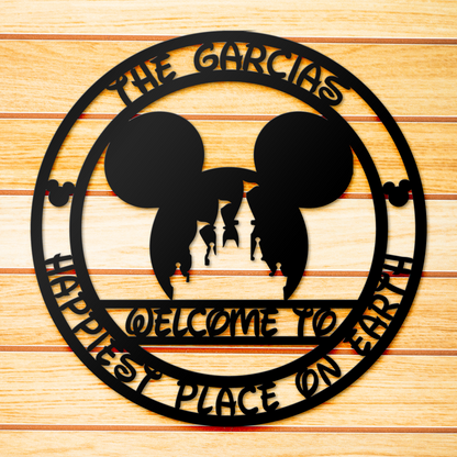 Custom Mickey Castle Family Name Metal Sign, Welcome To Happiest Place On Earth Sign