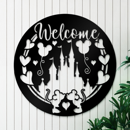 Welcome Disney Castle Decor Sign - Mickey Minnie Kissing Wall Art