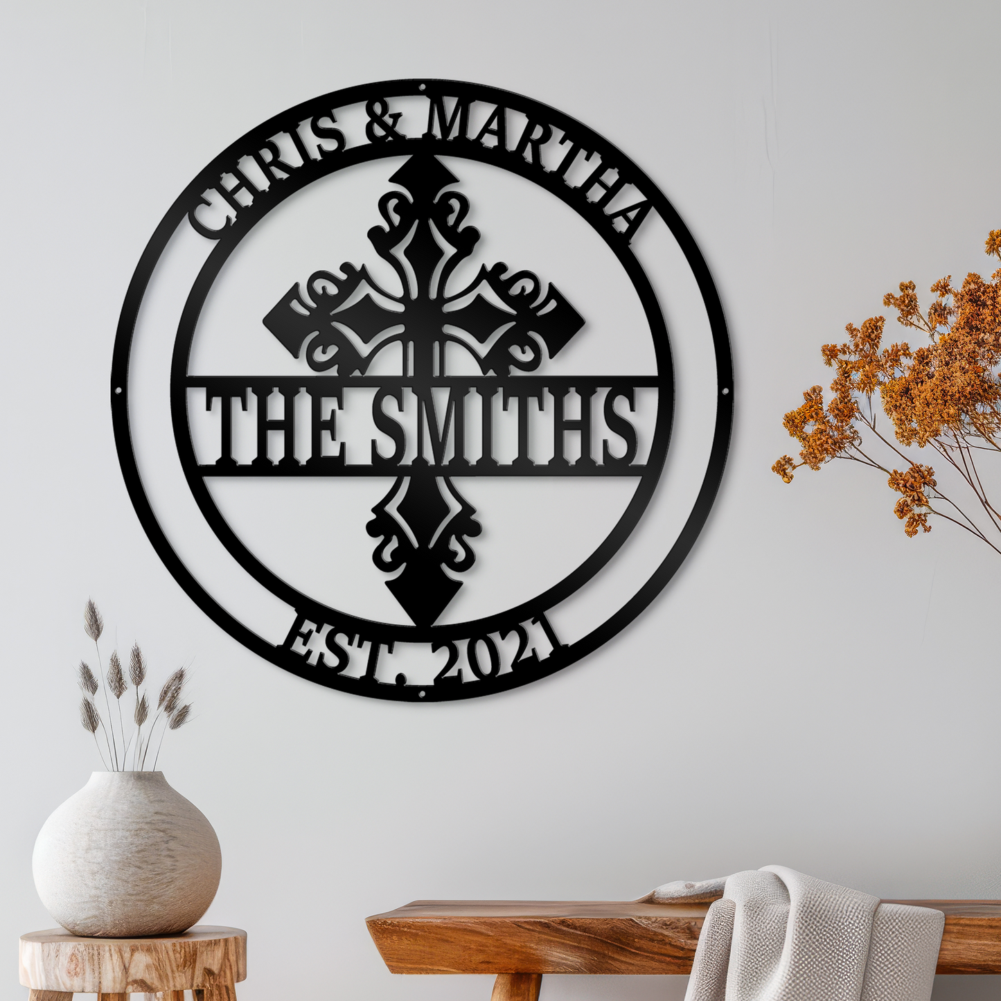 Family Name Metal Sign with Faith Cross-Personalized Monogram Home Wall Decor