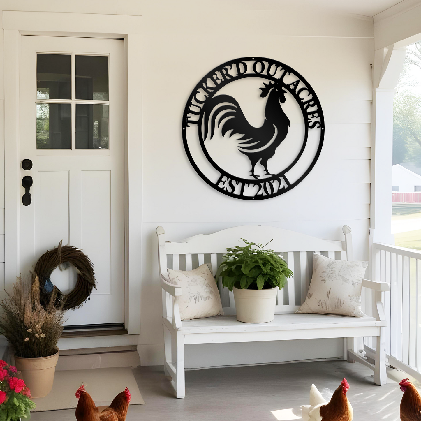 Personalized Chicken Coop Sign, Custom Floral Chicken Farmhouse Metal Wall Art, Rooster Barn Decor