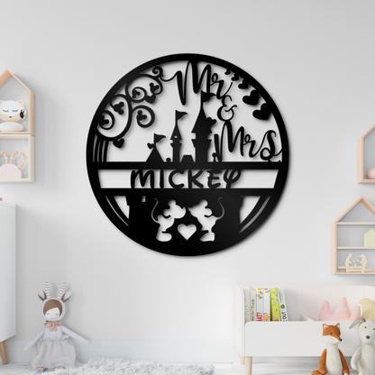 Mickey and Minnie Kissing Metal Sign - Disney Castle Theme Patio Decor Sign