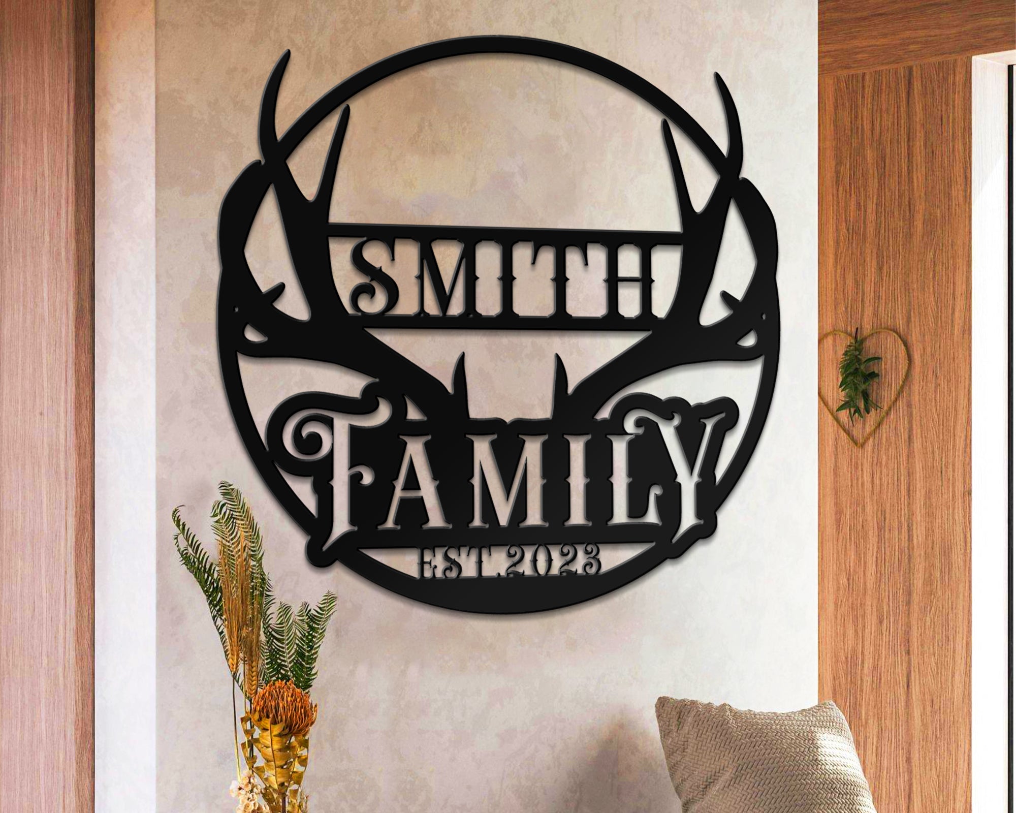 Personalized Deer Family Name Sign, Established Family Name Sign, Metal Deer Antler Home Decor